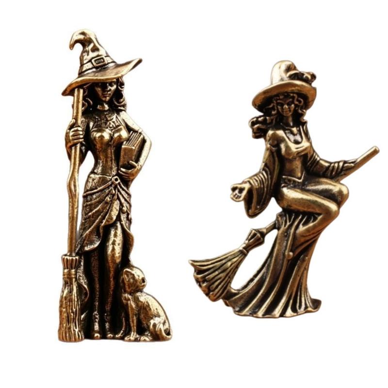 Brass Magic Witch Miniature Statue Retro Collectible Figurine Creative Desktop Ornament for Theme Party Home Decor Gift