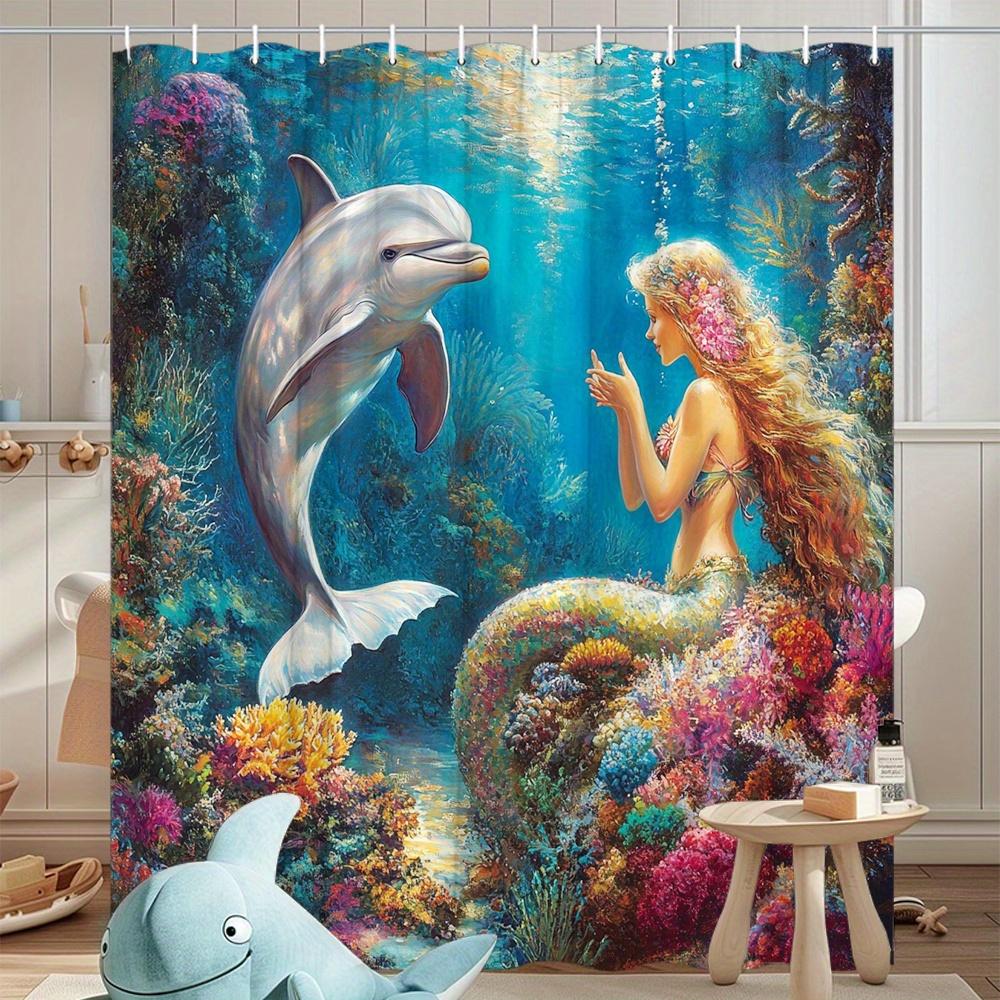 Rideau de douche Sirène & Dauphin - Récif Corallien Vibrant, Scène Océanique Éthérée, Sirène Élégante & Dauphin Joueur,