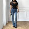 Women European American Sexy Mesh Perspective Hollow Out Stand Collar Short Sleeve Floral T Shirt