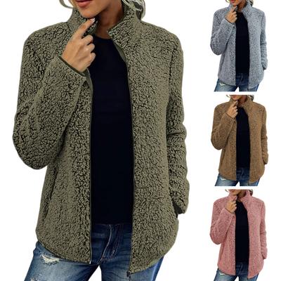 Winter Women Jacket with Double Pockets Thick Fleece Zipper Closure Cardigan Long