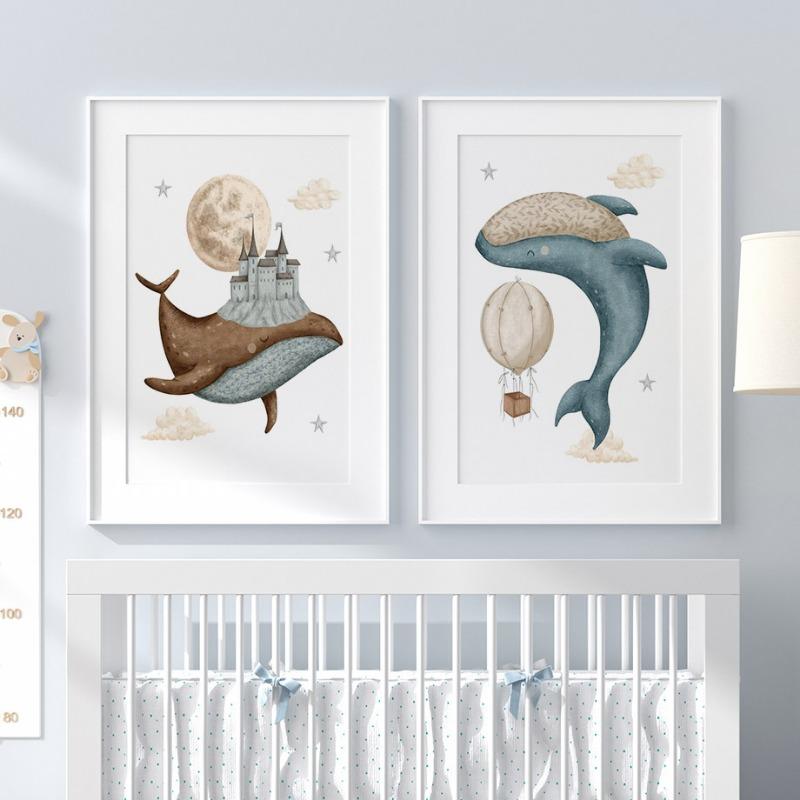 Whale Turtle Castle Balloon Nordic Nursery Wall Art Posters Art Prints Canvas Painting Pictures Baby Kids Room Home Decoration