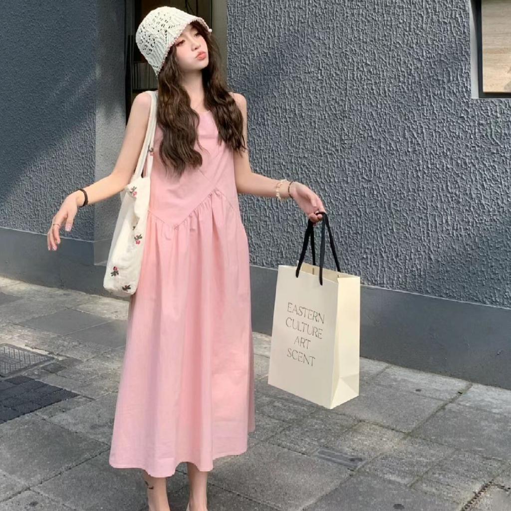 Summer new French temperament design sense sleeveless age-reducing splicing vest pink long dress small dress women