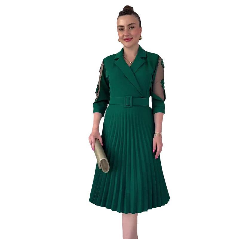 2024 Summer Women's Solid Color Mesh-Paneled Pleated Dress