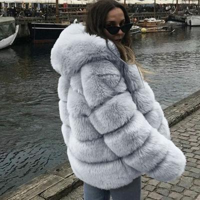 Street Style Imitation Fox Fur Jacket Hooded Artificial Fur Top Women's Imitation Fox Fur Winter Coat