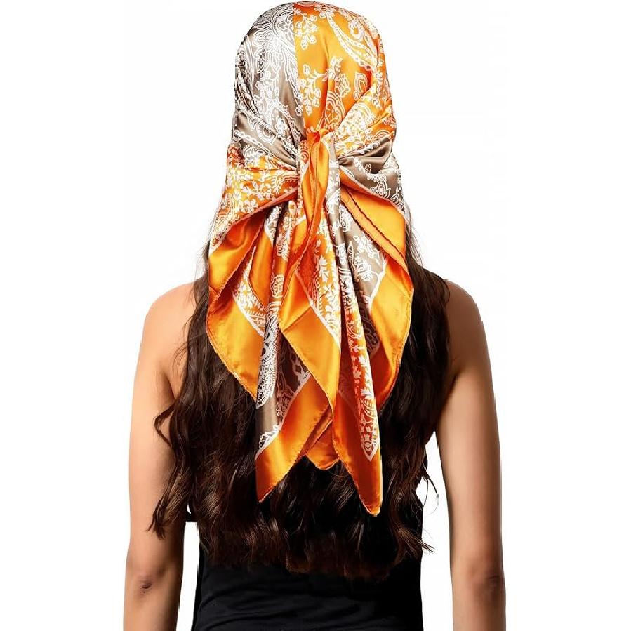 vabovin Silk Like Head Scarf for Women Satin Printed Bandana for Hair Wrapping Fashion Accessory 35 Inch Square Hair Scarf 176 Paisley Orange / Brow