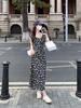Spring/Summer 2024 Retro Black Floral Dress: Slim Fit, Medium-Long Length with Ruffled Skirt