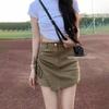 2025 Summer Khaki Women's Denim Drawstring Skirt Pants with Irregular Hem and Anti-Exposure Design