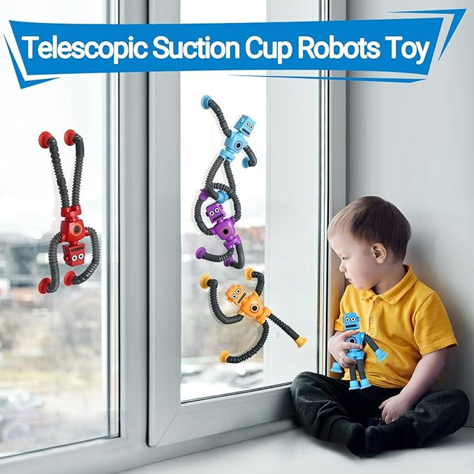 4-pack Telescopische Zuignap Robot Speelgoed, ABS Veilig Materiaal, Veelkleurige Leuke Set