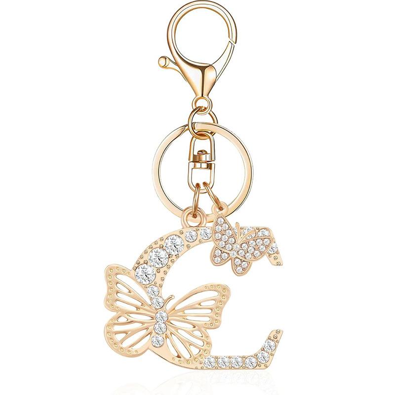 Exquisite Women Capital Letters Charms Keychain Initial 26 A-Z Butterfly Rhinestone Keyring Bag Decoration Pendant Girl Gift