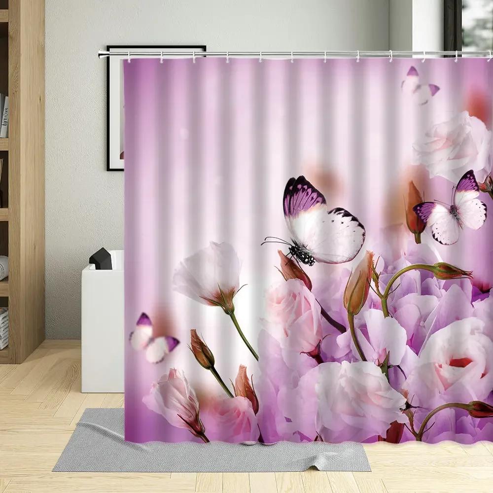 Spring Flowers Butterfly Shower Curtain Daisy Rose Orchid Floral Plant Home Decor Screens Waterproof Bathroom Curtains With Hook