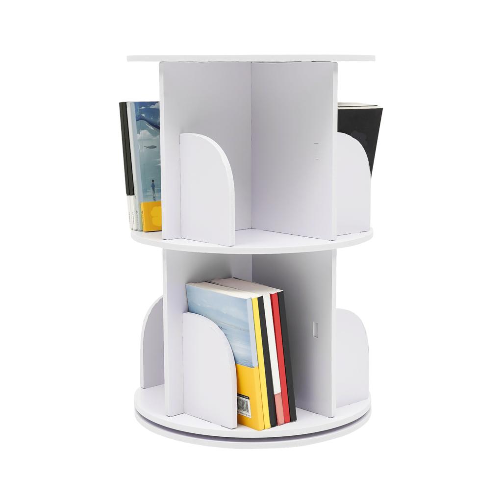 360° Drehbarer Bücherregal, 2-stöckiges Bücherregal, Freistehendes Bücherregal, Aufbewahrungs- und Ausstellungsregal, Optimierte Raumnutzung, Weiß
