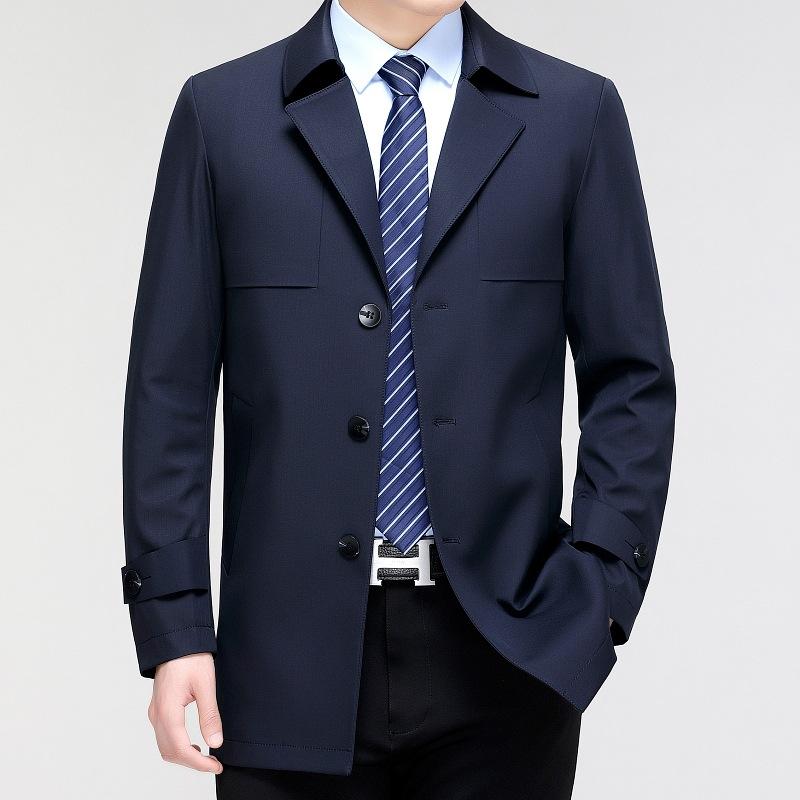 Men's Windbreaker Mid-length Jacket Spring and Autumn Business Casual Middle-aged Men's Anti-wrinkle Simple Suit Collar Thin Jacket