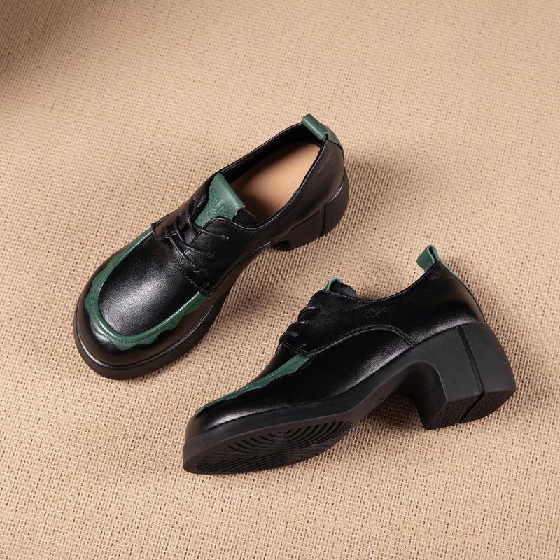 First layer cowhide loafers women's spring and autumn new British style retro lace-up wedge small leather shoes women's shoes single shoes women