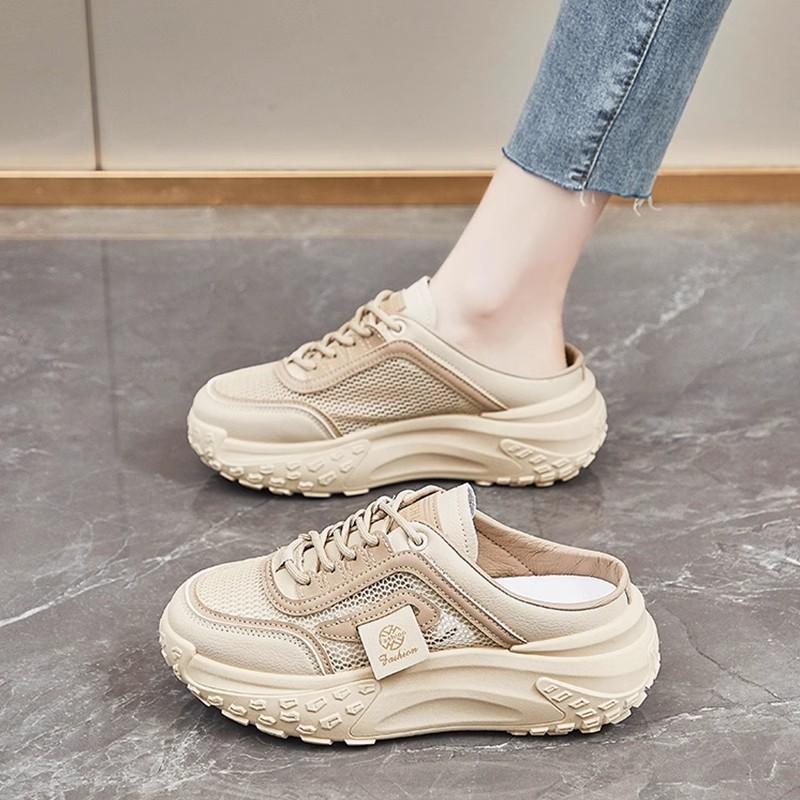 Summer  Leisure Baotou Mesh Round Toe Slope Heel Large Slippers