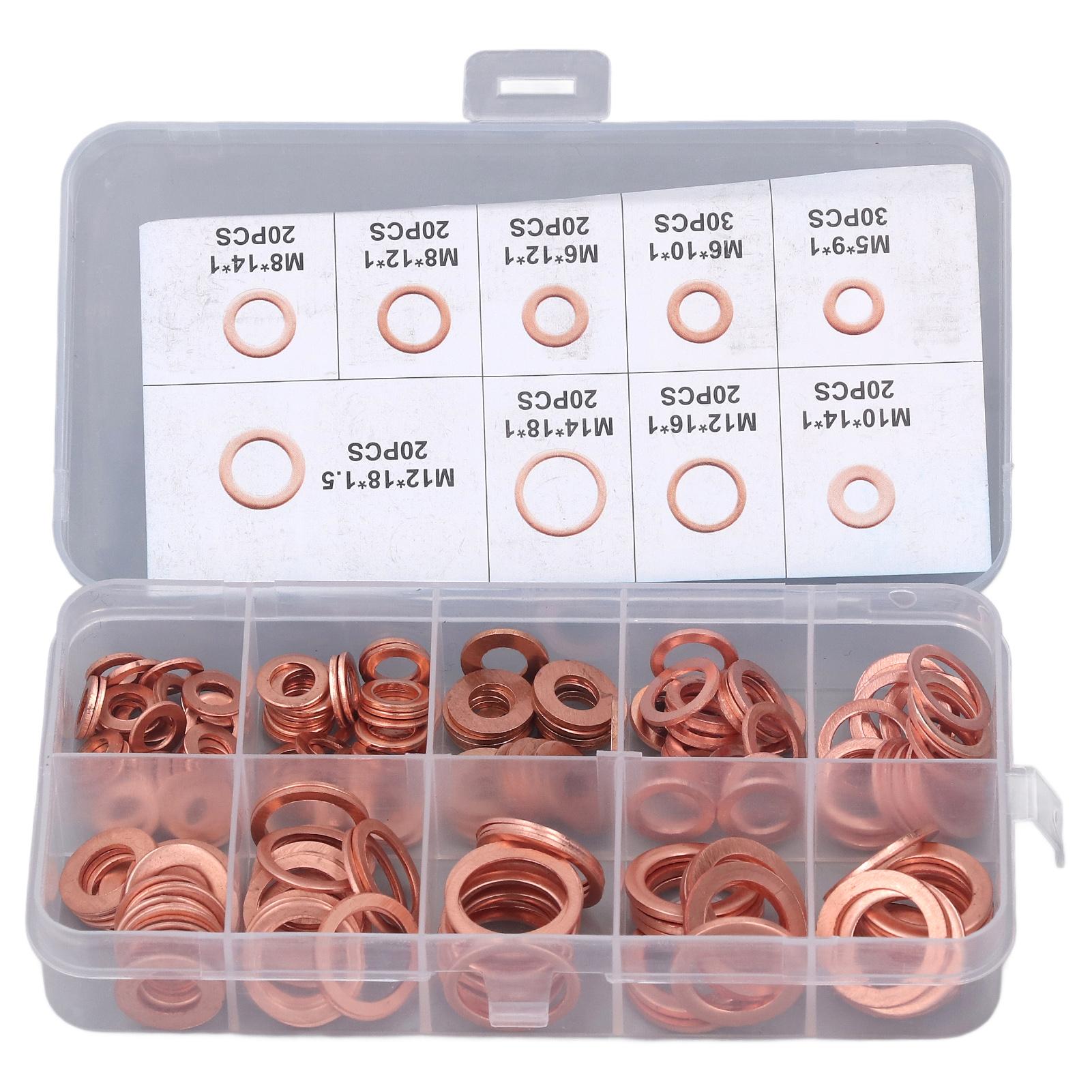 Oil Sealing Plug Gasket 200Pcs Oil Drain Plug Gasket Red Copper Heating Processing 9 Types Oil Sealing Drain Plug Washer M5‑14
