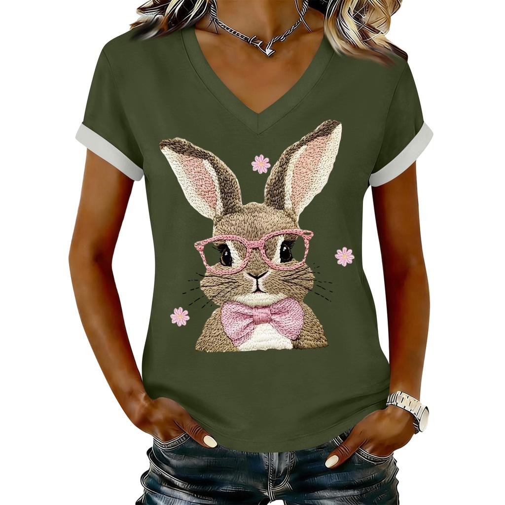 Women's Casual Printed T-Shirt V Neck Pullover Short Sleeve Top