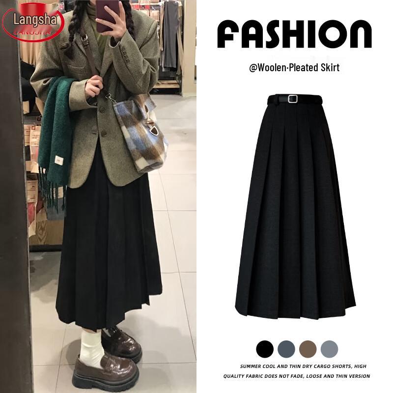 

Langsheng Women s High-Waist A-Line Pleated Wool Midi Skirt XL (125-145 lbs)