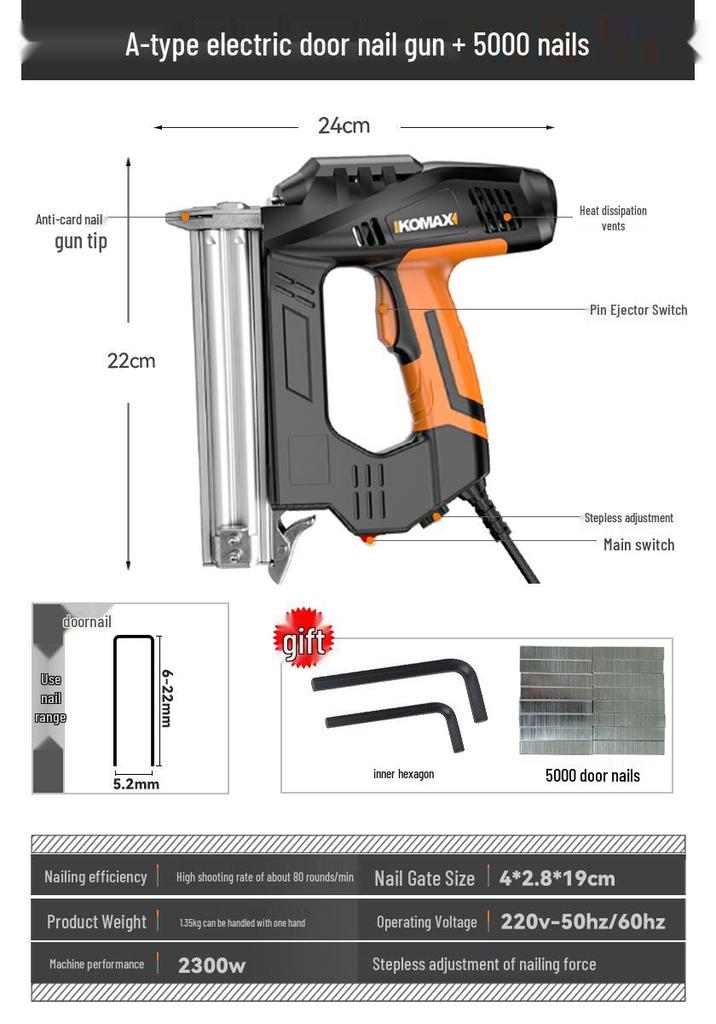 Comax Pneumatic 2-in-1 Electric Nail Gun - Straight & Brad Nailer for Woodworking and Steel Nails.