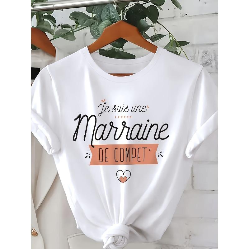 

Women S Casual Crew Neck T-Shirt with Heart & Letter Design -Short Sleeve, Regular Length, Summer Fashion Top, Ladies T Shirts M білий