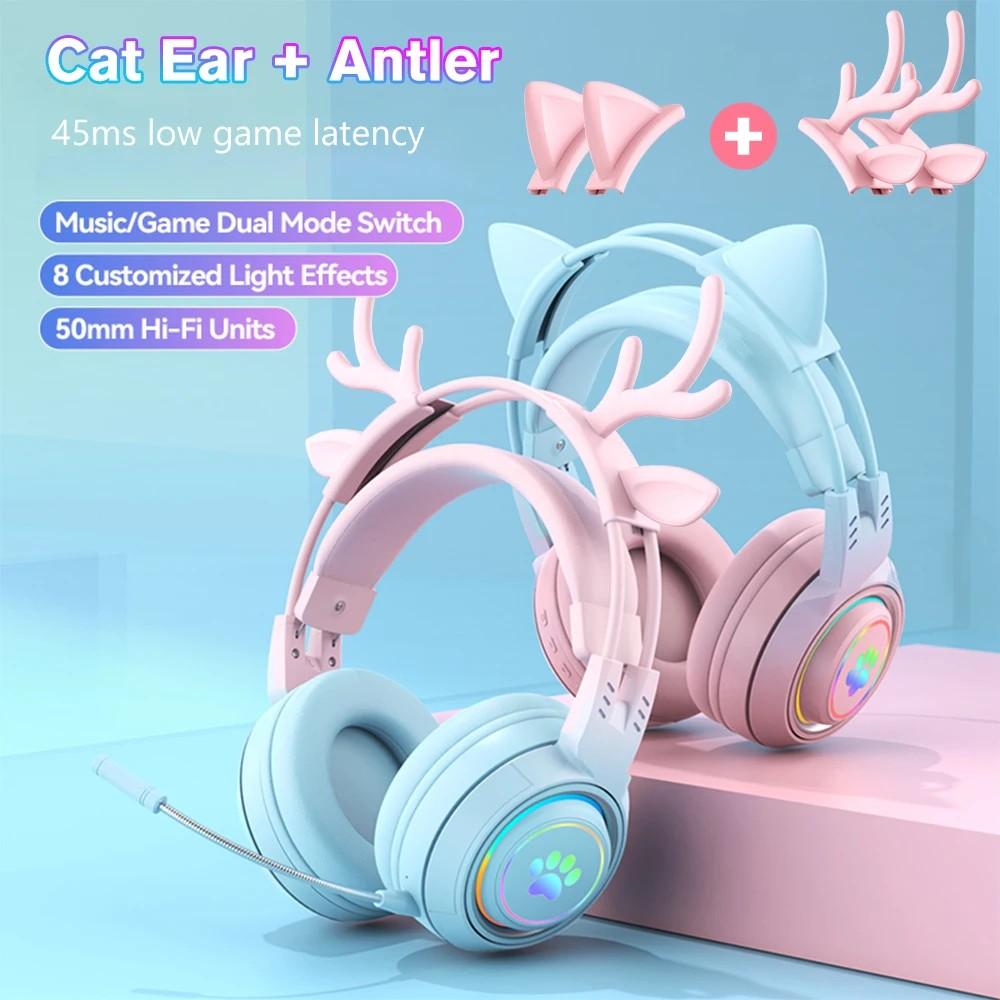2 in 1 Cute Antlers/Cat Ears Wireless Bluetooth Headphones Gamer 3.5mm Headset Gaming Headphones Gift for Children Low Latency