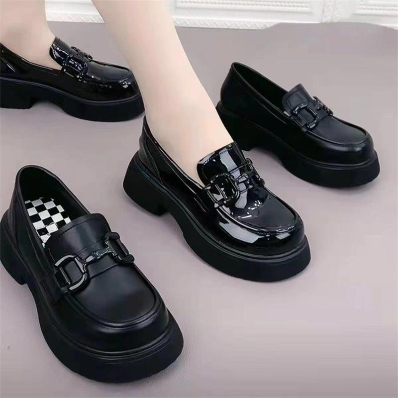 2025 new middle heel versatile four-season single shoes women's summer British style small leather shoes thick-soled soft leather soft-soled loafers