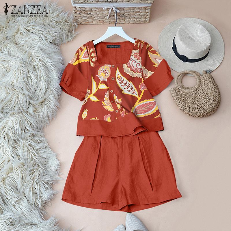 ZANZEA Womens Print T-shirt and Shorts Summer Two Piece Sets