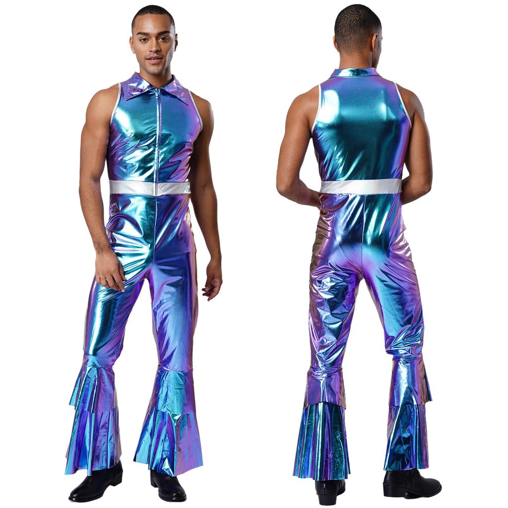 Mens 70s Jumpsuit Shiny Metallic Lapel Collar Sleeveless High Waist Flared Pants Disco Dance Singer Outfit