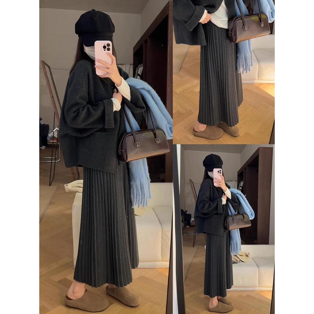 Elegant High-Waisted A-Line Wool Skirt for Women 2025 Autumn/Winter - Slimming, Draped, Pleated Knit Style