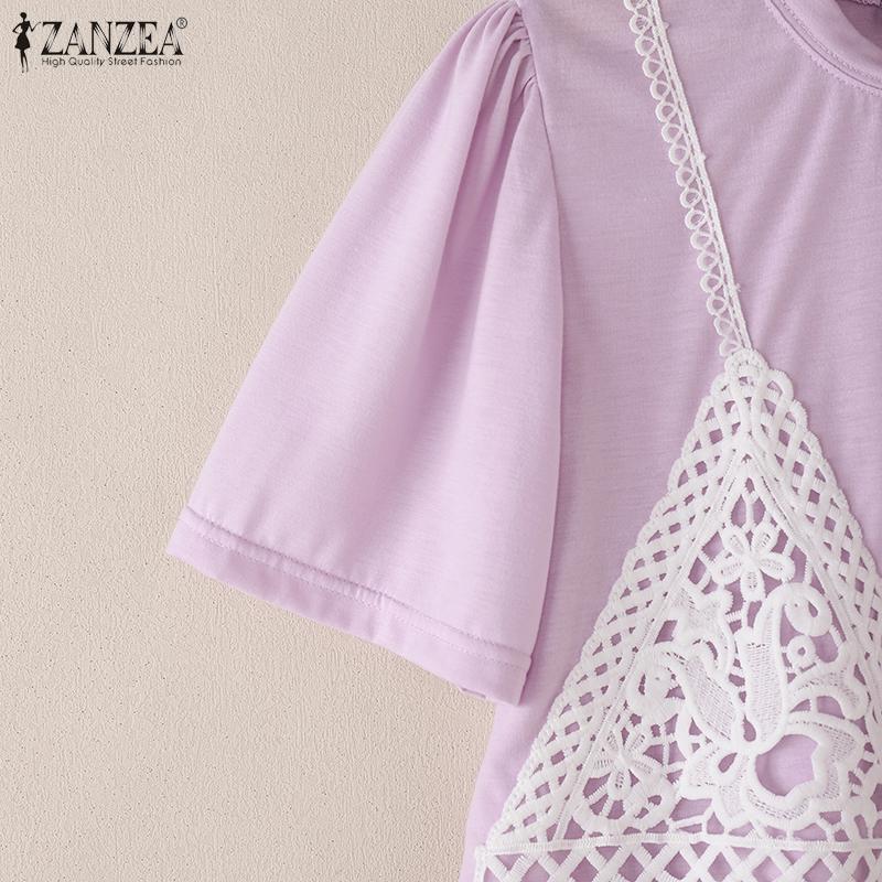 ZANZEA Women Casual Round Neck Short Sleeve Summer Patchwork T-Shirts