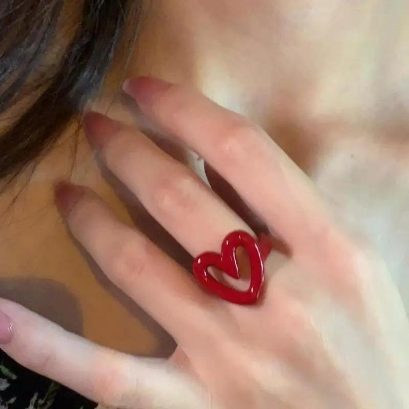 Punk&Hiphop Red Enamel Heart Love Rings for Women Fashion Geometric Open Dripping Oil White Ring Y2K Summer Couple  Gifts