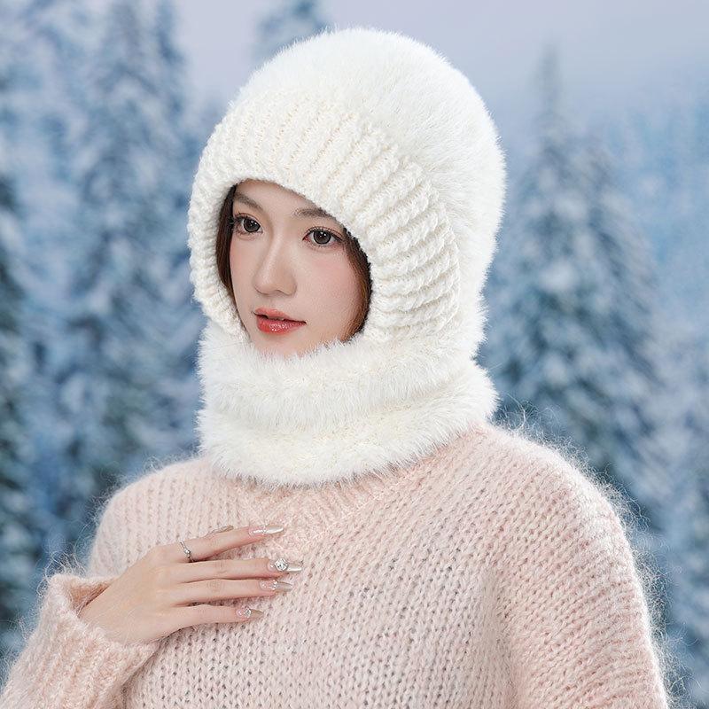 Plush Thread Warm Scarf One-piece Hat Women's Winter Pullover Ear Protection Neck Cover One-piece Knitted Hat Ski Cap