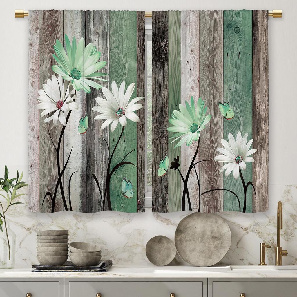 Turquoise garden daisy kitchen curtain double small curtain Light green