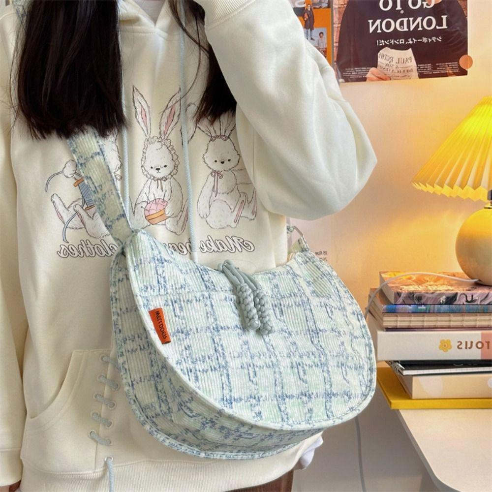Plaid Half-moon Shoulder Bag Handbag Canvas Dumpling Bag Simple Hobos Crossbody Bag Girls