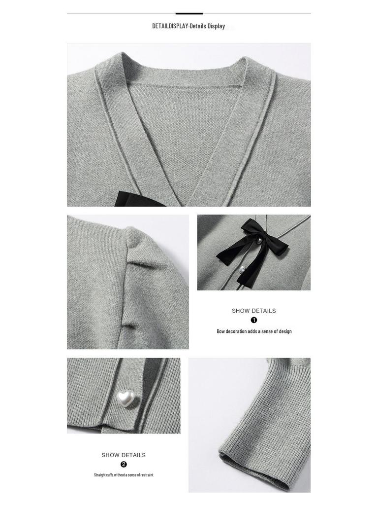 Γυναικεία Γλυκιά Πλεκτή Ζακέτα με Φιόγκο και Λαιμόκοψη V: Μοντέρνο Κοντό Στενό Φόρεμα με Μανίκια Φούσκα