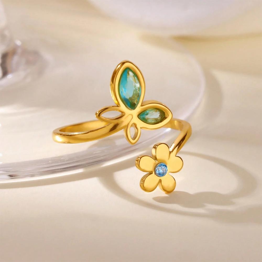 

Cute Colorful Zirconia Flower Ring For Women Elegant Gold Color Stainless Steel Opening Lily Rings Vintage Jewelry Wedding Bague resizable