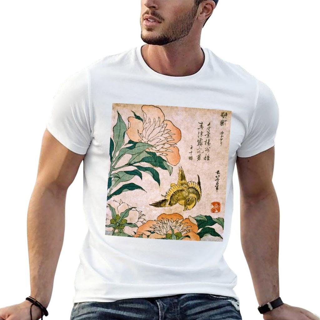 Unisexs Funny Cotton Graphic Tee Hokusai Katsushika Peony And Canary Art Print