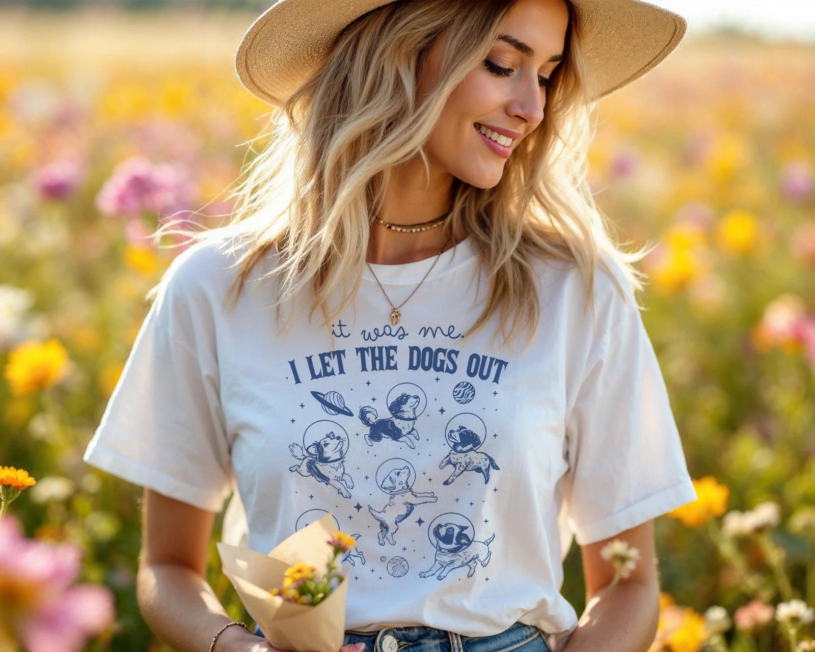 I Let The Dogs Out Shirt – Funny Space Dog Graphic Tee for Dog Lovers A437 L