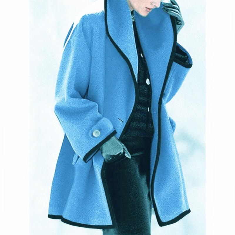 Damen Elegant Schwerwollmäntel Herbst Winter Lässig Knopf Kontrastkante Oberbekleidung Mode Locker Revers Warme Jacke