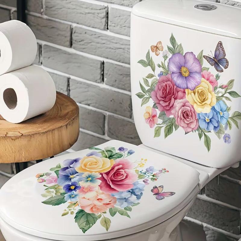 Floral Toilet Sticker Waterproof Easy to Clean Self-Adhesive Toilet Lid Wall Decal for Home Bathroom Decor