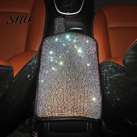 Removable Car Armrest Cover Bling Rhinestone Universal Rectangle Elastic Band Auto Cushion Center Console Protector Pad Mat Interior Accessories