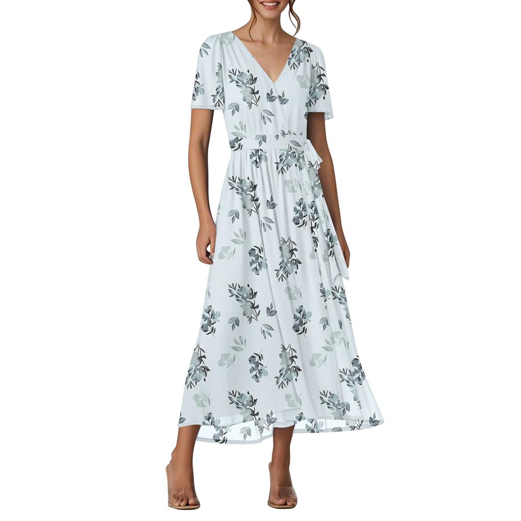 Women's Summer Floral Bohemian Dress Wrap V Neck Short Sleeves Ruffle A-Line Flowy Maxi Dress Summer Dresses For Women