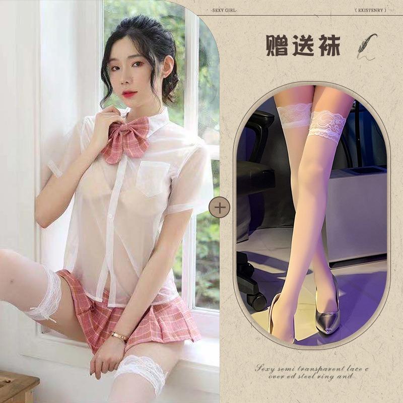 Sexy lingerie girls' school wear transparent shirt short skirt girls' uniform suit pure and sweet temptation tight