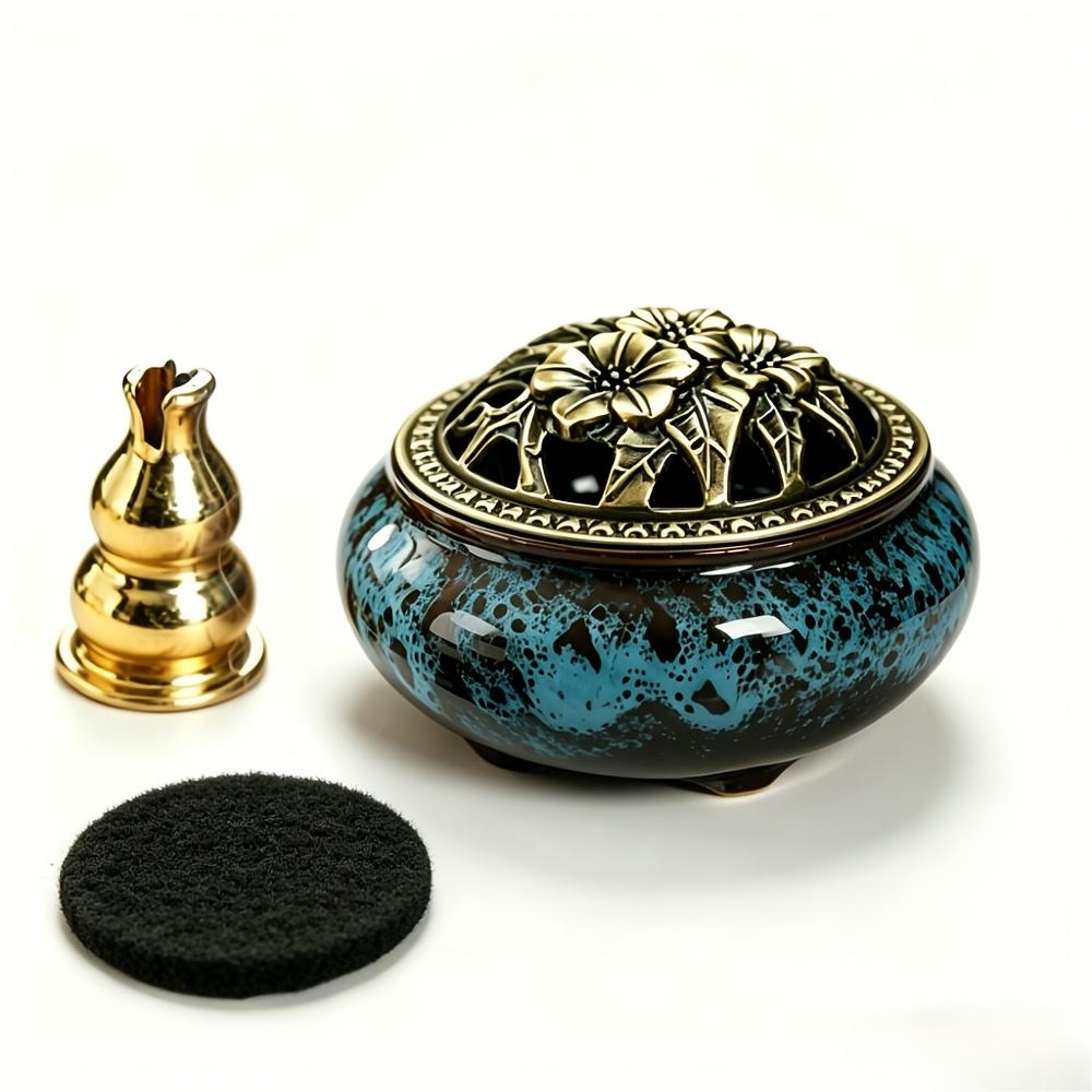 Large Kiln-fired Ceramic Incense Holder Set with Vintage Brass Cover, Includes Fireproof Mat, Coiled Incense Tray and Mesh Cover