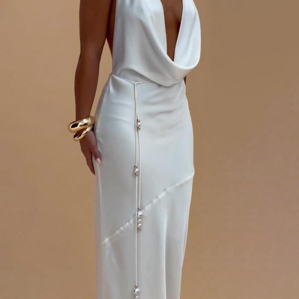 2026 Spring Halter Neck Open Back Strappy Dress - European & American Style, Slim & Flowy Design, Solid Color.