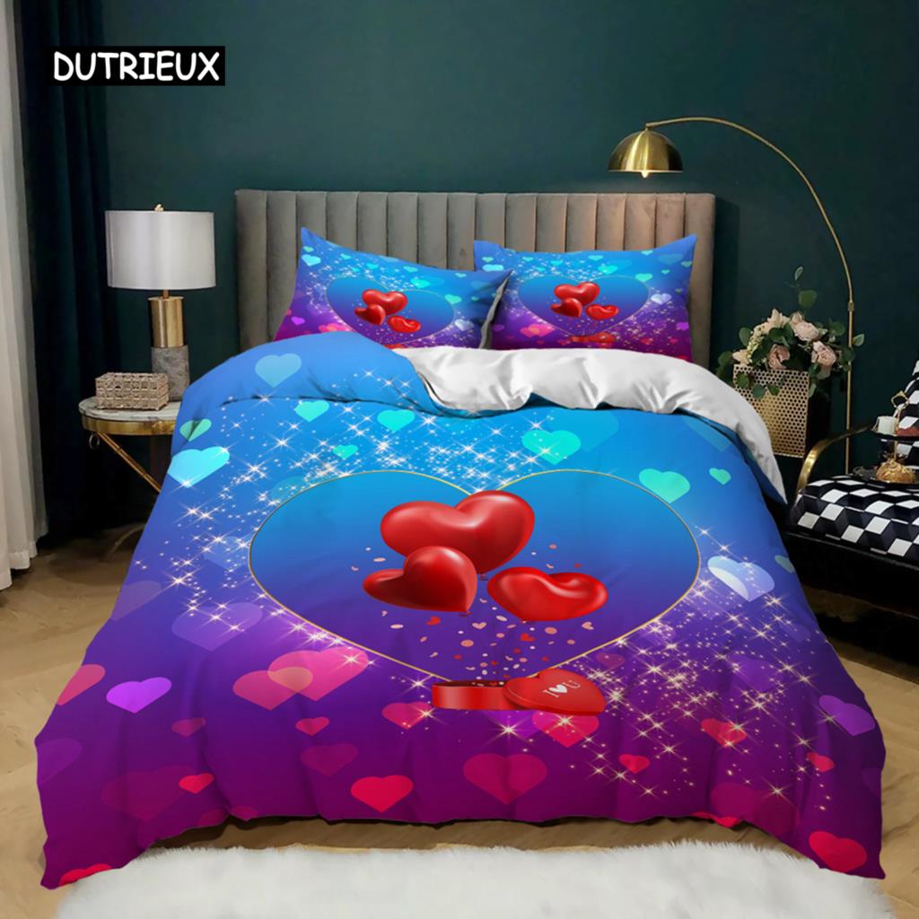 Love Heart Duvet Cover Set Pink Love Heart Bedding Set Valentine's Day Gift Girl Bedroom Microfiber Queen King Size Quilt Cover