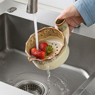 Fresh Food Storage Container Ceramic Berry Washing Bowl with Drainage Holes, Handmade Elegant Table Setting Vegetable Draining Basket, Multifunctional