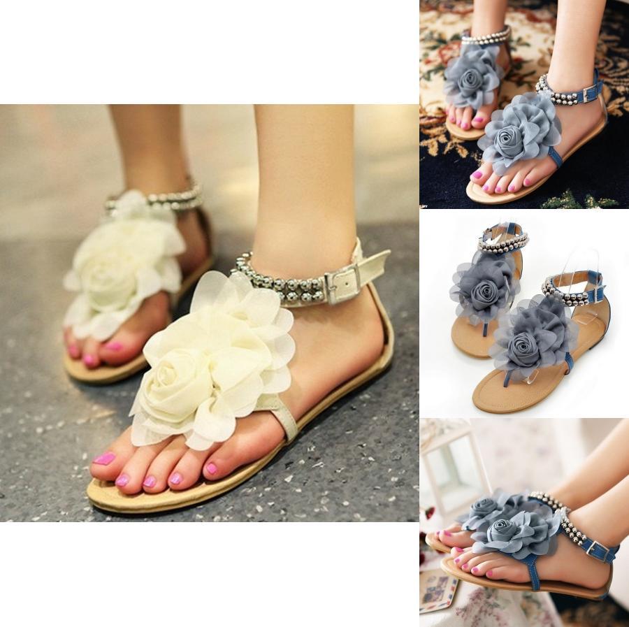 Stylish Bohemia Flower Women Flat Beach Sandals For Comfortable Summer Walks Eu35-42