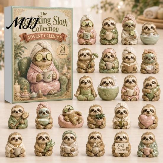 Cute Sloth Pendant Set Advent Calendar, 24Pcs Acrylic 2D Ornament Holiday Collectibles with Vintage Warm-Tone Designs, Christmas Tree Hanging