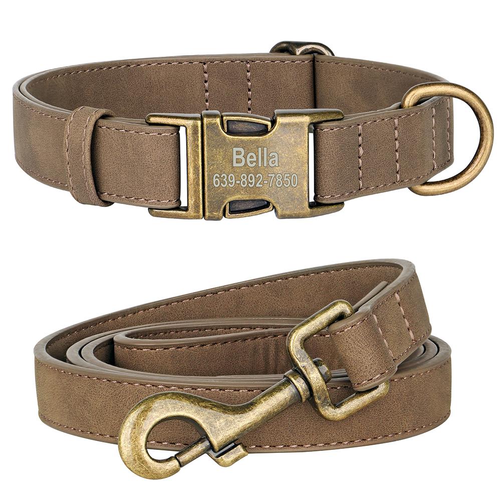 

Personalized PU Leather Dog Collar Leash Set Custom Anti-lost Dog Collars with Free Engraved Metal Buckle for Small Medium Dogs S кофейный