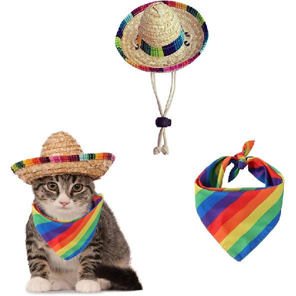 Cat Sombrero Cat Hats Bandana Scarf Rainbow Scarf Pet Straw Hat Cinco De Mayo Pet Hats Mini Sombrero Hat for Cat Puppy Small Dog